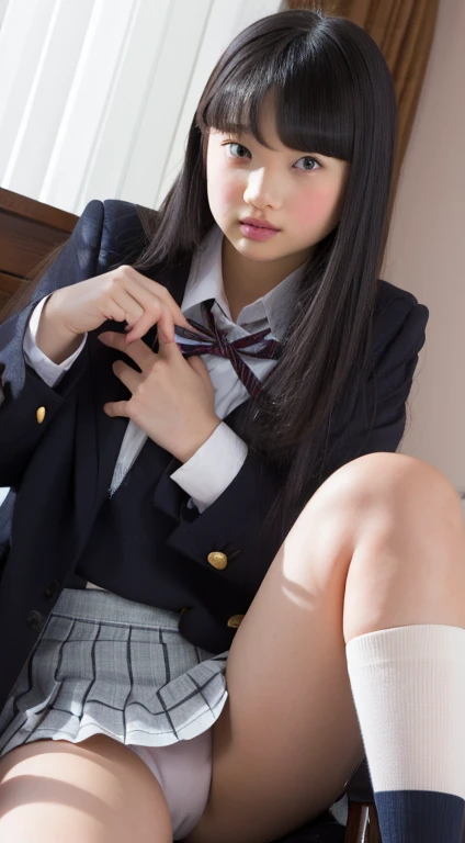 masterpiece、High resolution、Japanese Girls、、low length、Turn around and look at me、Show me your underwear、Thin panties((school uniform、blazer、Checked Skirt))Young Face、