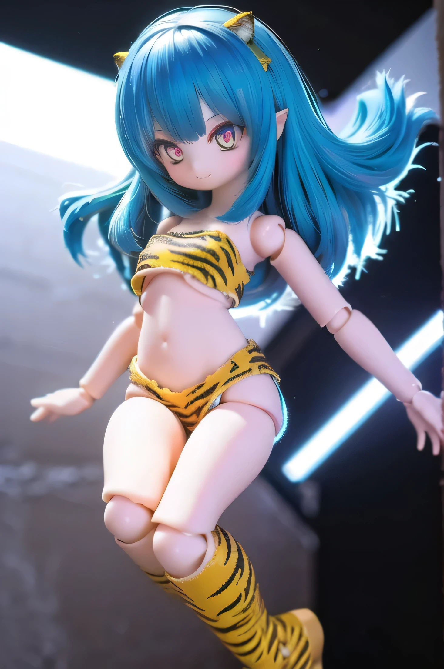 1girl, lum, blue hair, horns, strapless tiger bikini, tiger boots, doll joints, simple background, cute, full_body, smile, floating, leaping 