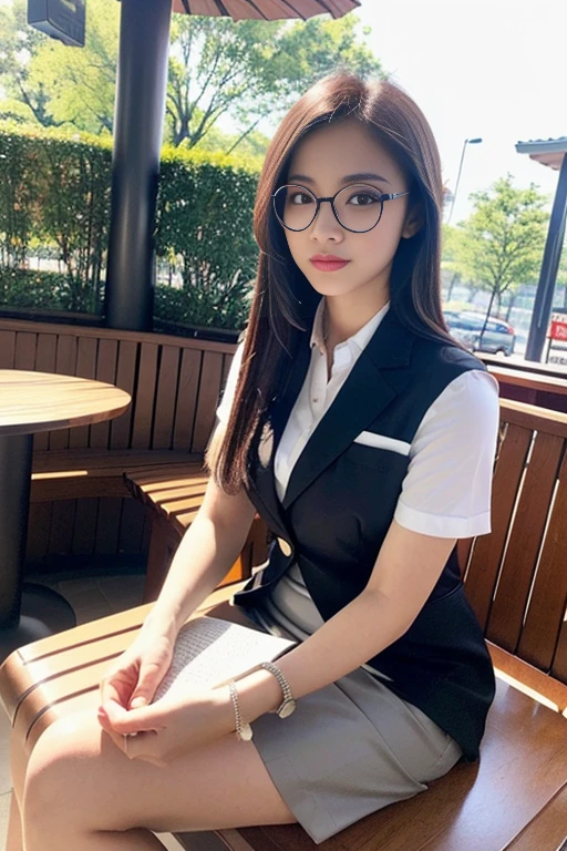 (A gorgeous Chinese lady, age 28, a professional lecturer wearing formal office attire, blazers, short-sleeve white shirt with pockets & buttons, pencil mini-skirt, sitting to read a book in a outdoor cafe,
(geeky, feminine, gentle, friendly), spectacles, #roundeyeware, #glasses, #eyeware, kind smile, dimpled cheeks, cute snaggle-tooth, short ponytail, bob hair trimmed, short straight hair, symmetrical face, beautiful detailed face, bright_and_full_of_warmth_eyes, detailed eyes, ample round bosom, perfect body anatomy,
Award-winning, photorealistic, hyper-realism, high contrast, ultra HD, realistic skin textures, top image quality, top-quality, super high resolution, fine details, very meticulously, masterpiece, High angle shot, medium shot, cowboy shot, positive affirmation, serene ambience, bokeh night background, SFW)