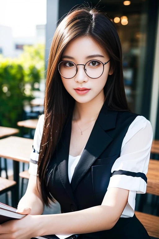 (A gorgeous Chinese lady, age 28, a professional lecturer wearing formal office attire, blazers, short-sleeve white shirt with pockets & buttons, pencil mini-skirt, sitting to read a book in a outdoor cafe,

(geeky, feminine, gentle, friendly), spectacles, #roundeyeware, #glasses, #eyeware, kind smile, dimpled cheeks, cute snaggle-tooth, short ponytail, bob hair trimmed, short straight hair, symmetrical face, beautiful detailed face, bright_and_full_of_warmth_eyes, detailed eyes, ample round bosom, perfect body anatomy,

Award-winning, photorealistic, hyper-realism, high contrast, ultra HD, realistic skin textures, top image quality, top-quality, super high resolution, fine details, very meticulously, masterpiece, High angle shot, medium shot, cowboy shot, positive affirmation, serene ambience, bokeh night background, SFW)