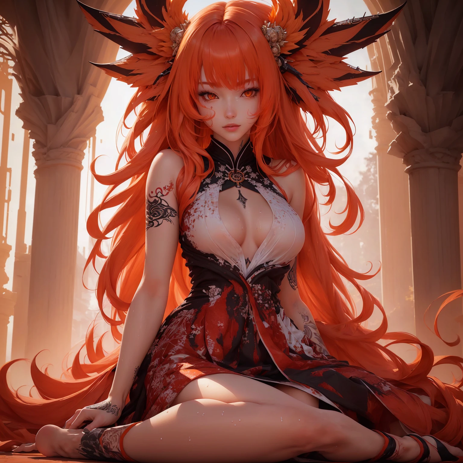 REALISTIC VISION 1.4, BETTER VAE, Sharp Focus, ultra detail, girl with legs spread apart, naked, wet vagina, 32K,realistic photo, complex parts, narrow, orange hair, orange eyes, complex parts , nine tails, complex parts, complex parts, big , voluptuous body, complex parts, Miko, clothes long white dress with red details complex parts,tattoos complex parts, whole body, sitting on the ground,