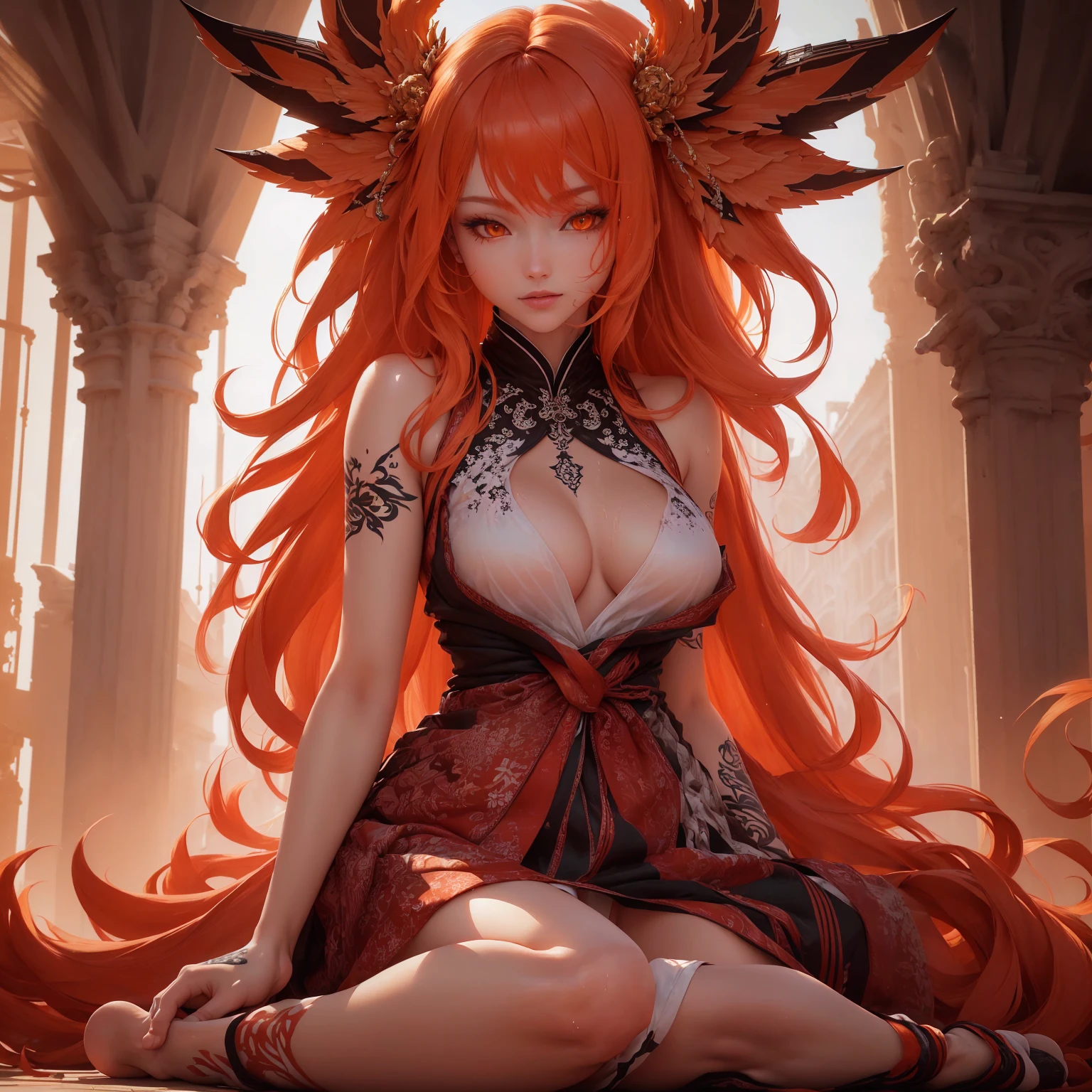 REALISTIC VISION 1.4, BETTER VAE, Sharp Focus, ultra detail, girl with legs spread apart, naked, wet vagina, 32K,realistic photo, complex parts, narrow, orange hair, orange eyes, complex parts , nine tails, complex parts, complex parts, big , voluptuous body, complex parts, Miko, clothes long white dress with red details complex parts,tattoos complex parts, whole body, sitting on the ground,