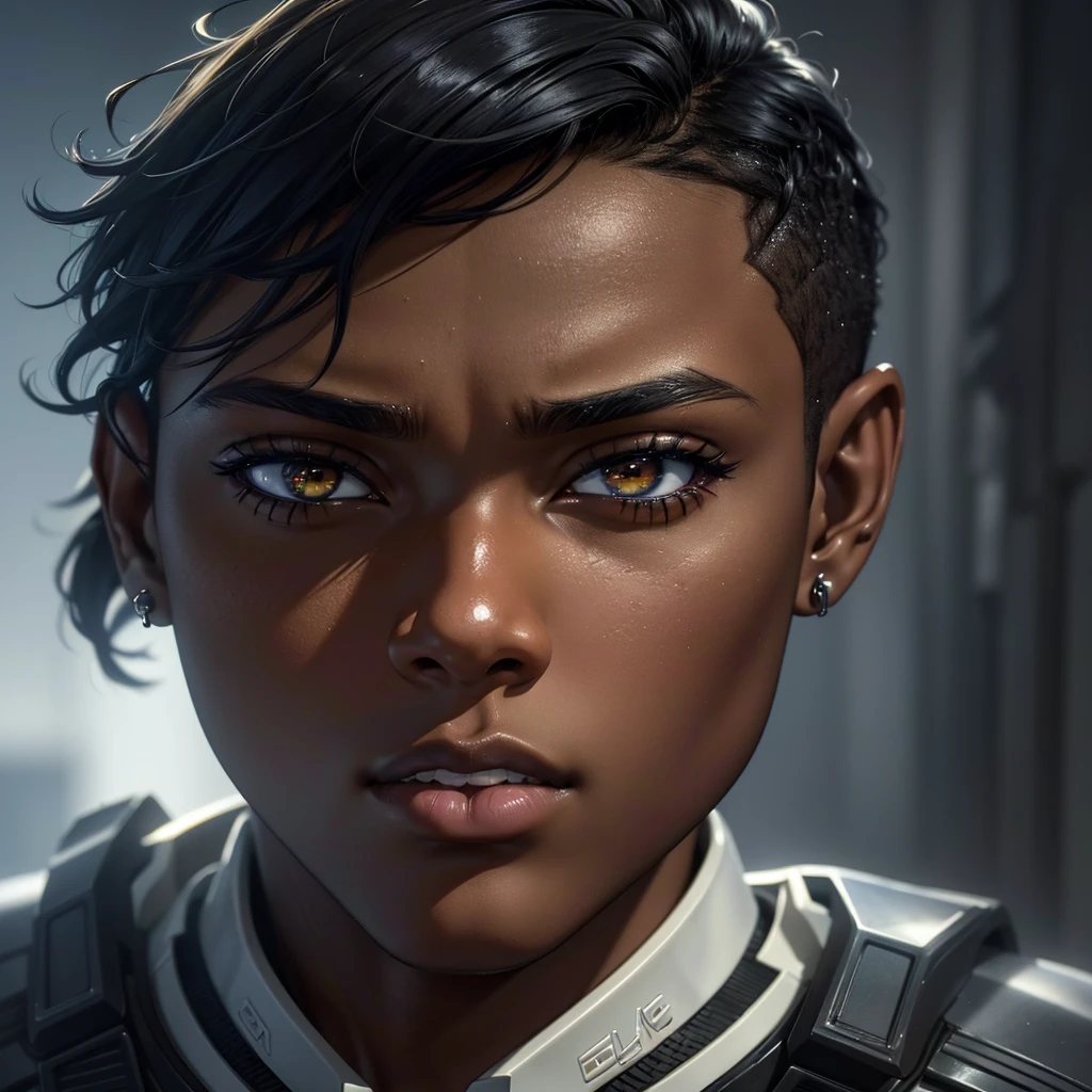 A black teenage boy, anime style, dark skin, short military haircut, black eyes, earring, extremely detailed face, detailed eyes and lips, dramatic lighting, cinematic scene, dynamic pose, vibrant colors, digital art, (best quality,4k,8k,highres,masterpiece:1.2),ultra-detailed,(realistic,photorealistic,photo-realistic:1.37)