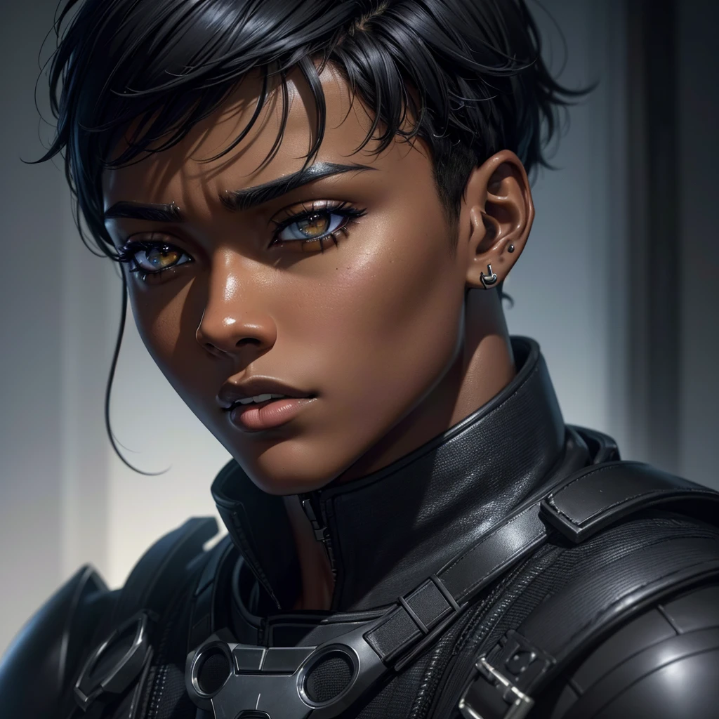 A black teenage boy, anime style, dark skin, short military haircut, black eyes, earring, extremely detailed face, detailed eyes and lips, dramatic lighting, cinematic scene, dynamic pose, vibrant colors, digital art, (best quality,4k,8k,highres,masterpiece:1.2),ultra-detailed,(realistic,photorealistic,photo-realistic:1.37)
