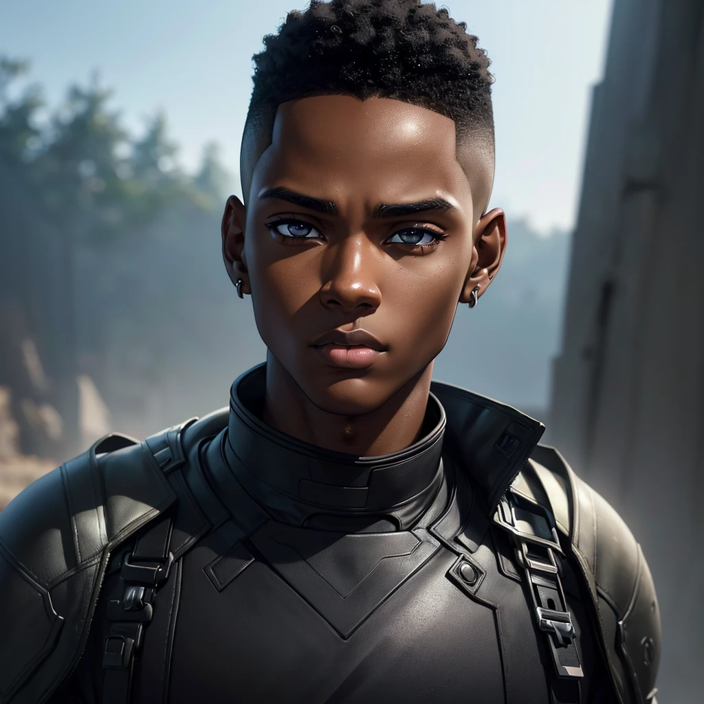 A black age boy, anime style, dark skin, short military haircut, black eyes, earring, extremely detailed face, detailed eyes and lips, dramatic lighting, cinematic scene, dynamic pose, vibrant colors, digital art, (best quality,4k,8k,highres,masterpiece:1.2),ultra-detailed,(realistic,photorealistic,photo-realistic:1.37)