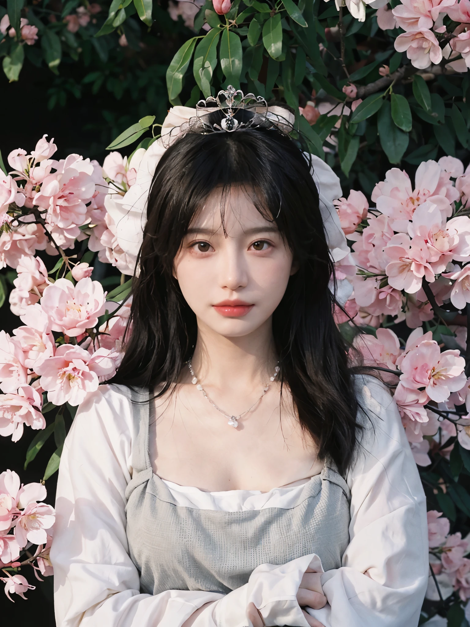 best quality， ultra high resolution， （realistically：1.4）， Cute tiara，Baoyu Girl， A pair of clear and charming peach blossom eyes,Royal sister，The sun shines on the face，Double tail，（in the cherry blossom tree：1.4），（necklace：1.2），（White skin：1.4），（Full body female love：1.2）a sense of atmosphere，a beautiful girl，Looking directly at the viewer， Close-up cleavage ，(lifelike:1.4),2 girls,Sexy,(Upper body:1.4),(wet),(:1.2)