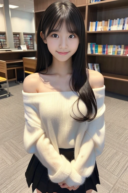 (((masterpiece))), (((Full body photo)))， (Beautiful Japanese Girl, Innocence，cute) ，Ultra-high resolution, Realistic, Ultra-detailed, 8k,Highest quality, Very detailed, Detailed Background,Slender,とてもBeautiful Japanese Girl, Detailed face:1.3), (Fluffy long hair,Black-haired :1.4), (Baby Face，cute系,Adorable 12 year old girl), (Perfect body:1.1),，Cute Smile:、show me your beautiful teeth、非常にDetailed face、Detailed lips、Detailed eyes、 gravure idol，Clear Skin、Realistic:1.37，No makeup，Neutral lighting,(Highest quality, masterpiece), (One girl, alone, school uniform,Navy blue jumper skirt,,Are standing , View your viewers, Beautiful clavicle、have a paperback book、Mouth closed, Upper Body),(at the library)