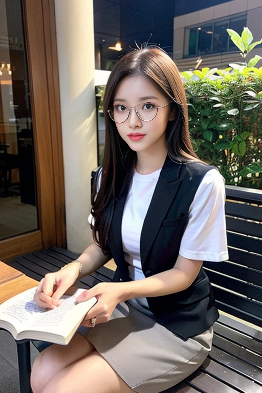 (A gorgeous Chinese lady, age 28, a professional lecturer wearing formal office attire, blazers, short-sleeve white shirt with pockets & buttons, pencil mini-skirt, sitting to read a book in a outdoor cafe,
(geeky, feminine, gentle, friendly), spectacles, #roundeyeware, #glasses, #eyeware, kind smile, dimpled cheeks, cute snaggle-tooth, short ponytail, bob hair trimmed, short straight hair, symmetrical face, beautiful detailed face, bright_and_full_of_warmth_eyes, detailed eyes, ample round bosom, perfect body anatomy,
Award-winning, photorealistic, hyper-realism, high contrast, ultra HD, realistic skin textures, top image quality, top-quality, super high resolution, fine details, very meticulously, masterpiece, High angle shot, medium shot, cowboy shot, positive affirmation, serene ambience, bokeh night background, SFW)
