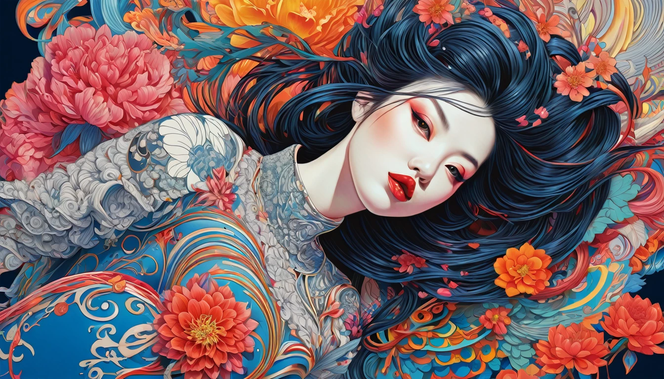 Official Art, unity 8k wallpaper, Super detailed, beautifully、aesthetic, masterpiece, Highest quality, Chinese style, (zenTangle, Mandala, Tangle, enTangle), Flower Ecstasy, One girl, Very detailed, Dynamic Angle, Cowboy Shot, The most beautiful form of chaos, elegant, Brutalist design, Vibrant colors, Romanticism, James Jean, Robbie Dowie Anton, Ross Tran, Francis Bacon, It was freezing cold, Adrian's genius, Petra Cortright, Gerhard Richter, takato yamamoto, Ashley Wood, Atmospheric