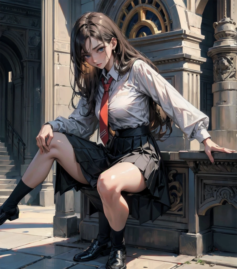 absurdres, RAW photo, extremely delicate and beautiful, masterpiece, Best Quality, ultra high resolution, 32k, hyperrealistic, ultra-detailed, Very detailed CG 8k wallpaper, detailed background, landscape, Beautiful Lighting, Perfect Lightning, Realistic Shadows, perfect anatomy, anatomically correct, ideal ratio body proportions, perfect figure, Perfect Style, Perfect balance, super Detailed skin, in her 30s, very Slim body, narrow waist, very small head, very small face, delicate facial features, handsome detailed woman, very detailed eyes and face, realistic face proportions, Realistic beautiful face, Realistic beautiful eyes, tearful mole, earring, whole body shot, very huge round tits, medium hair, asymmetrical hair, wavy hair, red tie, School_uniform skirt, black stockings,
