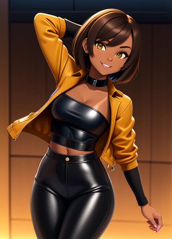 high quality, extremely detailed, perfect face, 1girl, solo, 26 years old, tomboy, (shiny skin), midriff, (tan-bronze skin), (Yellow colored irises), short brown hair, medium breasts, (Cleavage), (Wearing: blue jacket, choker, Strapless black top, Belt, Black leather pants), tight fitting clothing, piercings, toned, hourglass figure, athletic, snarky expression, wide smile, at rave, nightclub,
