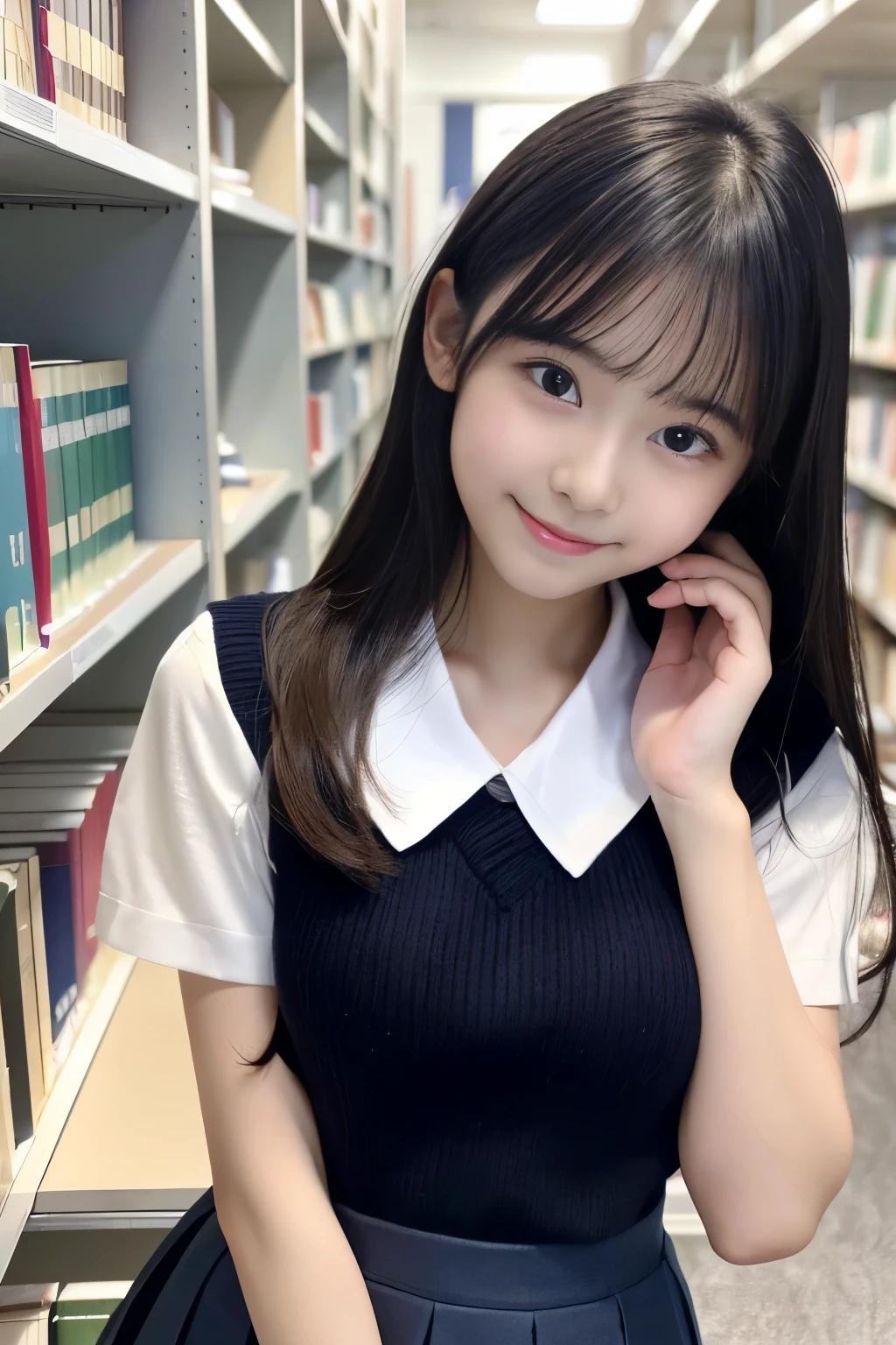 (((masterpiece))), (((Full body photo)))， (Beautiful Japanese Girl, Innocence，cute) ，Ultra-high resolution, Realistic, Ultra-detailed, 8k,Highest quality, Very detailed, Detailed Background,Slender,とてもBeautiful Japanese Girl, Detailed face:1.3), (Fluffy long hair,Black-haired :1.4), (Baby Face，cute系,Adorable 12 year old girl), (Perfect body:1.1),，Cute Smile:、show me your beautiful teeth、非常にDetailed face、Detailed lips、Detailed eyes、 gravure idol，Clear Skin、Realistic:1.37，No makeup，Neutral lighting,(Highest quality, masterpiece), (One girl, alone, school uniform,Navy blue jumper skirt,,Are standing , View your viewers, Beautiful clavicle、have a paperback book、Mouth closed, Upper Body),(at the library)