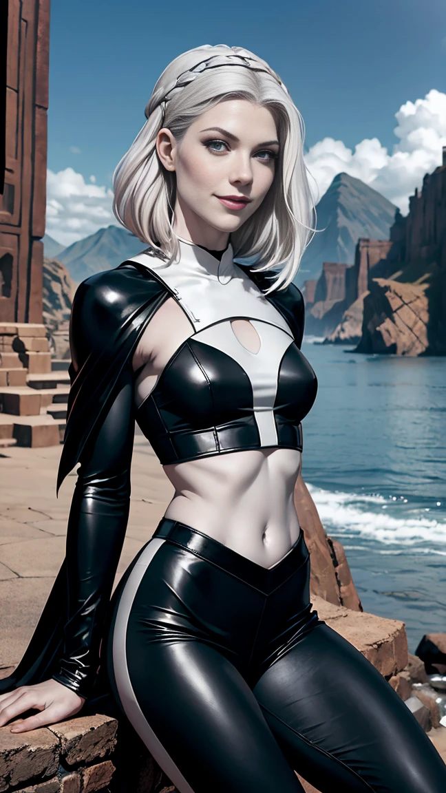 Katheryn winnick as Merrin in Star Wars Jedi Survivor, angled bob hairstyle, ((white grey hair)), ((pale skin)), tight crimson velvet robe, black leather crop top, black leather leggings, small breasts, toned body, facing camera, smile, scenic location