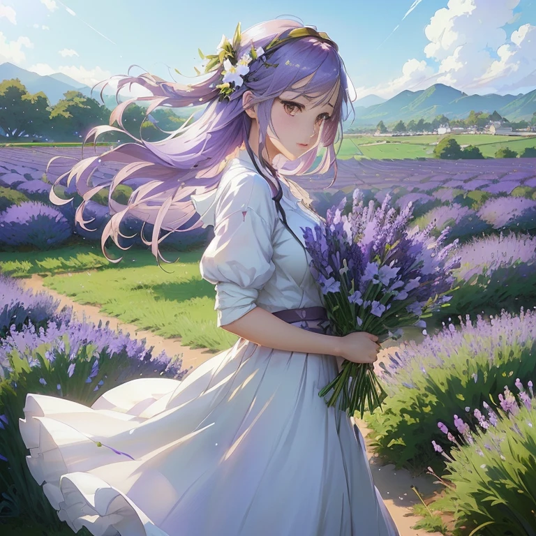 anime girl in lavender field with flowers in hand, guweiz, cushart krenz key art feminine, lavender, guweiz on pixiv artstation, anime art wallpaper 8 k, smooth anime cg art, guweiz on artstation pixiv, anime visual of a cute girl, anime art wallpaper 4 k, anime art wallpaper 4k
