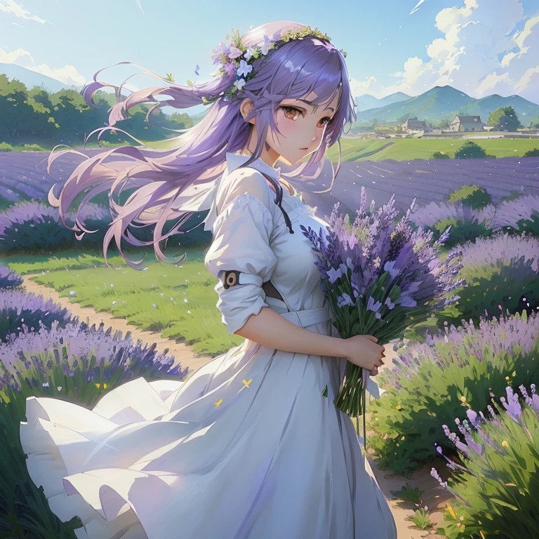 anime girl in lavender field with flowers in hand, guweiz, cushart krenz key art feminine, lavender, guweiz on pixiv artstation, anime art wallpaper 8 k, smooth anime cg art, guweiz on artstation pixiv, anime visual of a cute girl, anime art wallpaper 4 k, anime art wallpaper 4k