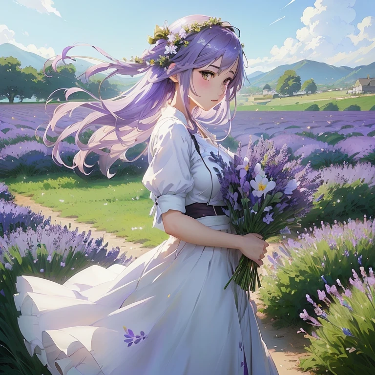 anime girl in lavender field with flowers in hand, guweiz, cushart krenz key art feminine, lavender, guweiz on pixiv artstation, anime art wallpaper 8 k, smooth anime cg art, guweiz on artstation pixiv, anime visual of a cute girl, anime art wallpaper 4 k, anime art wallpaper 4k