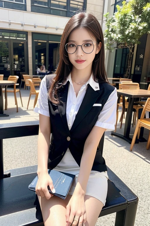 (A gorgeous Chinese lady, age 28, a professional lecturer wearing formal office attire, blazers, short-sleeve white shirt with pockets & buttons, pencil mini-skirt, sitting to read a book in a outdoor cafe,

(geeky, feminine, gentle, friendly), spectacles, #roundeyeware, #glasses, #eyeware, kind smile, dimpled cheeks, cute snaggle-tooth, short ponytail, bob hair trimmed, short straight hair, symmetrical face, beautiful detailed face, bright_and_full_of_warmth_eyes, detailed eyes, ample round bosom, perfect body anatomy,

Award-winning, photorealistic, hyper-realism, high contrast, ultra HD, realistic skin textures, top image quality, top-quality, super high resolution, fine details, very meticulously, masterpiece, High angle shot, medium shot, cowboy shot, positive affirmation, serene ambience, bokeh night background, SFW)