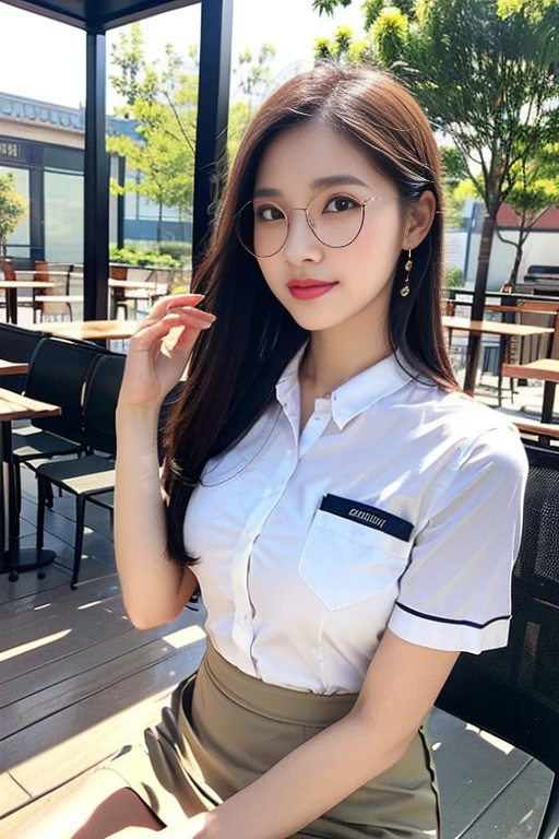 (A gorgeous Chinese lady, age 28, a professional lecturer wearing formal office attire, blazers, short-sleeve white shirt with pockets & buttons, pencil mini-skirt, sitting to read a book in a outdoor cafe,

(geeky, feminine, gentle, friendly), spectacles, #roundeyeware, #glasses, #eyeware, kind smile, dimpled cheeks, cute snaggle-tooth, short ponytail, bob hair trimmed, short straight hair, symmetrical face, beautiful detailed face, bright_and_full_of_warmth_eyes, detailed eyes, ample round bosom, perfect body anatomy,

Award-winning, photorealistic, hyper-realism, high contrast, ultra HD, realistic skin textures, top image quality, top-quality, super high resolution, fine details, very meticulously, masterpiece, High angle shot, medium shot, cowboy shot, positive affirmation, serene ambience, bokeh night background, SFW)