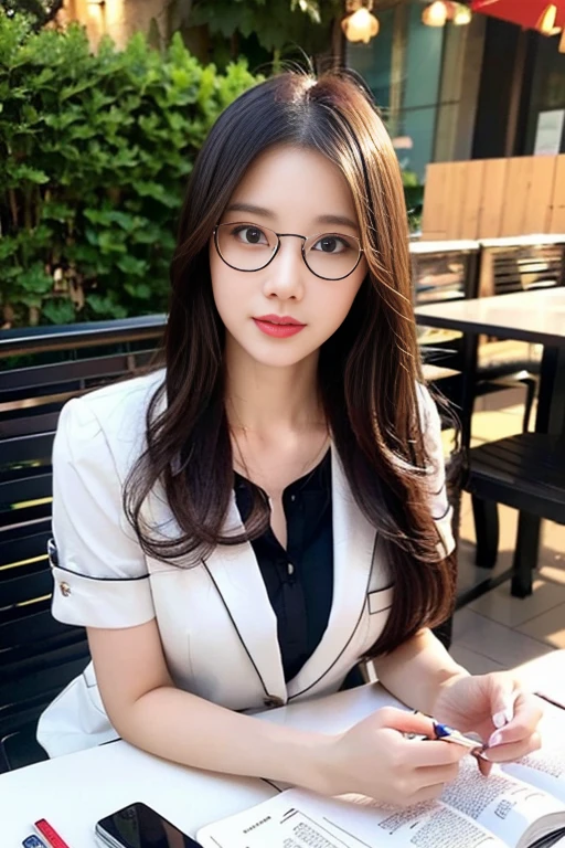 (A gorgeous Chinese lady, age 28, a professional lecturer wearing formal office attire, blazers, short-sleeve white shirt with pockets & buttons, pencil mini-skirt, sitting to read a book in a outdoor cafe,

(geeky, feminine, gentle, friendly), spectacles, #roundeyeware, #glasses, #eyeware, kind smile, dimpled cheeks, cute snaggle-tooth, short ponytail, bob hair trimmed, short straight hair, symmetrical face, beautiful detailed face, bright_and_full_of_warmth_eyes, detailed eyes, ample round bosom, perfect body anatomy,

Award-winning, photorealistic, hyper-realism, high contrast, ultra HD, realistic skin textures, top image quality, top-quality, super high resolution, fine details, very meticulously, masterpiece, High angle shot, medium shot, cowboy shot, positive affirmation, serene ambience, bokeh night background, SFW)