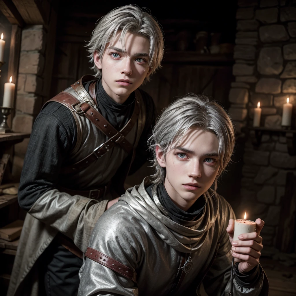 boy, 18 years old, messy silver hair, eerie glowing red eyes, wearing medieval-era adventurer clothes. 