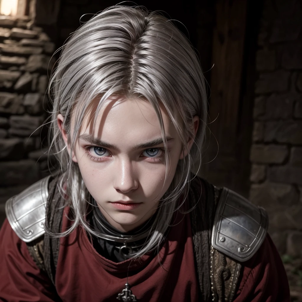 boy, 18 years old, messy silver hair, eerie glowing red eyes, wearing medieval-era adventurer clothes.
