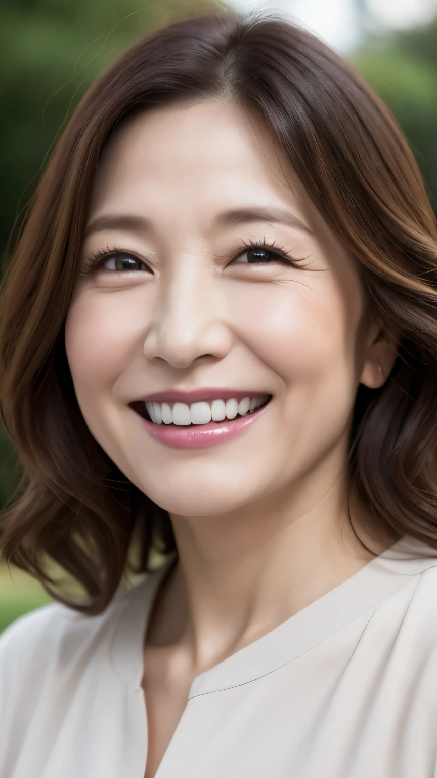 最high quality, In 8K, whole body, Real, Sharp focus, high quality, High resolution, Detailed face, Detailed eyes, Thick lips, (Look at the viewers), alone, Middle-aged women, , 60 years old, , Wavy Hair, , Wearing short sleeves, Standing in the park, Wrinkles around the eyes, Smiling with teeth showing