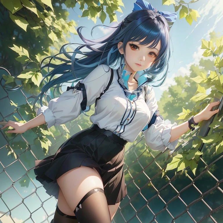 anime girl with blue hair and black skirt standing on a fence, anime style 4 k, anime moe artstyle, beautiful anime girl, beautiful anime high school girl, official artwork, anime visual of a cute girl, high detailed official artwork, young anime girl, attractive anime girl, 4k anime wallpaper, smooth anime cg art, pretty anime girl, high quality anime artstyle