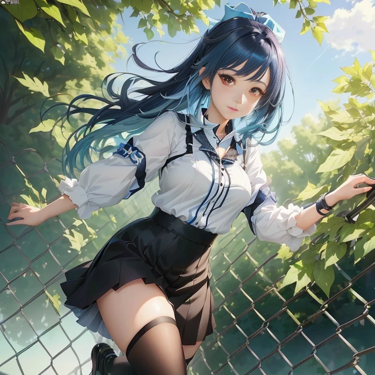 anime girl with blue hair and black skirt standing on a fence, anime style 4 k, anime moe artstyle, beautiful anime girl, beautiful anime high school girl, official artwork, anime visual of a cute girl, high detailed official artwork, young anime girl, attractive anime girl, 4k anime wallpaper, smooth anime cg art, pretty anime girl, high quality anime artstyle