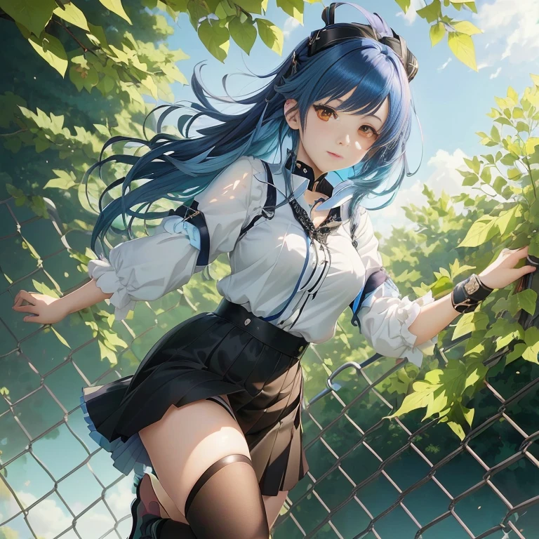 anime girl with blue hair and black skirt standing on a fence, anime style 4 k, anime moe artstyle, beautiful anime girl, beautiful anime high school girl, official artwork, anime visual of a cute girl, high detailed official artwork, young anime girl, attractive anime girl, 4k anime wallpaper, smooth anime cg art, pretty anime girl, high quality anime artstyle