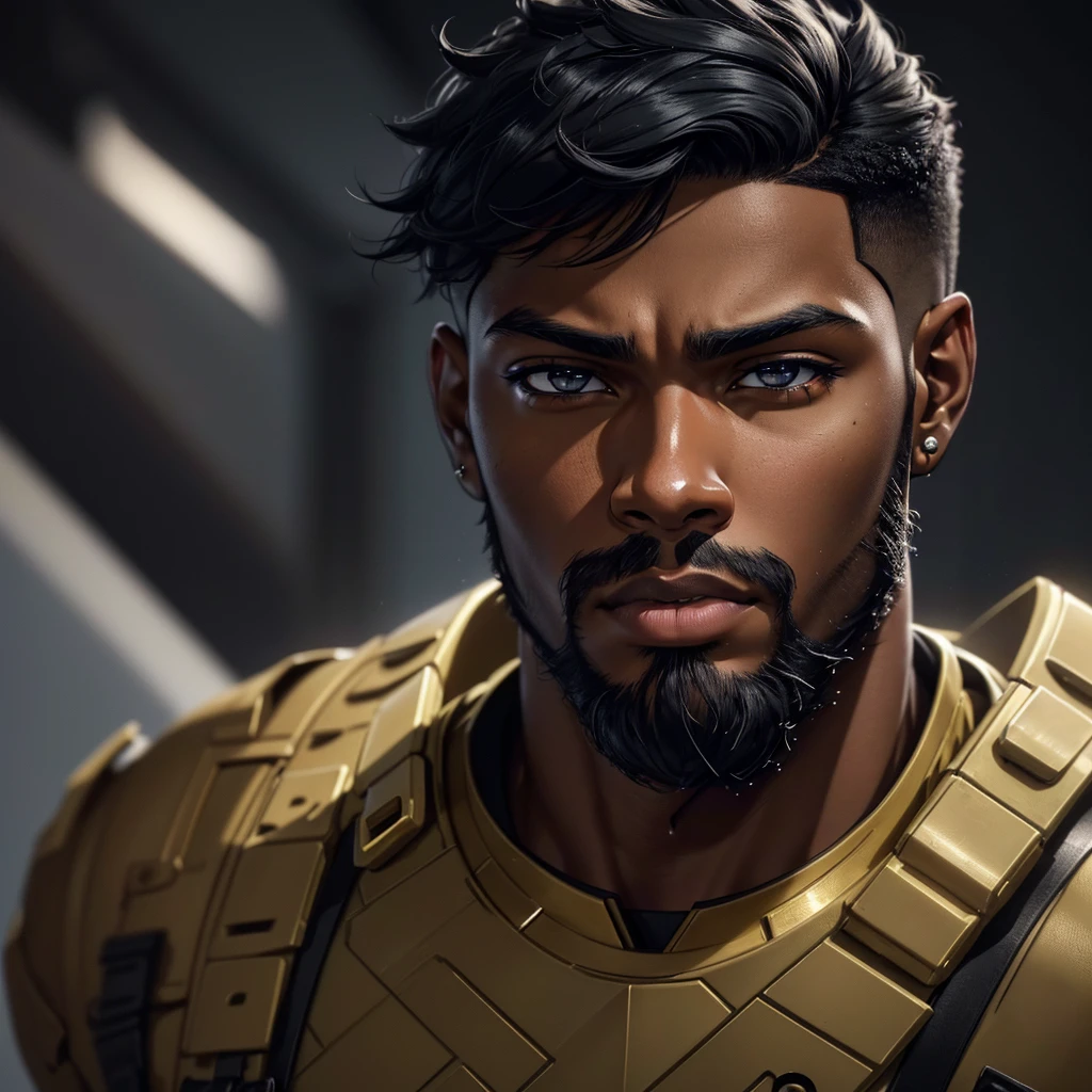 A black age boy, anime style, dark skin, short military haircut, black eyes, earring, beard, extremely detailed face, detailed eyes and lips, dramatic lighting, cinematic scene, dynamic pose, vibrant colors, digital art, (best quality,4k,8k,highres,masterpiece:1.2),ultra-detailed,(realistic,photorealistic,photo-realistic:1.37)