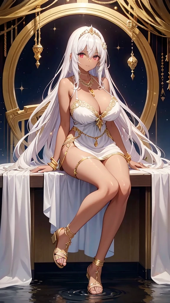 Adult woman with long white hair, dark skin, huge breasts and red eyes，Bare arms，gold tiara，necklace，Gold ornaments，white evening dress，cleavage，Bare Legs，sandals，White Rose，desert，River Water