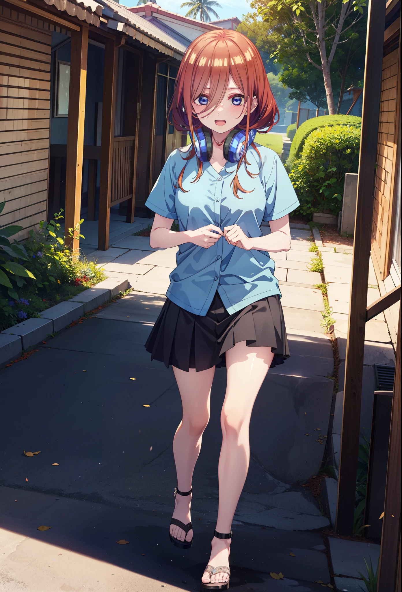 Miku Nakano, miku nakano, Long Hair, bangs, blue eyes, Brown Hair, shirt, Hair between the eyes, Headphones around neck,happy smile, smile, Open your mouth,オーバサイズワtンショルダーshirt,Short sleeve,mini skirt,Heeled Sandals,Walking,morning,morning陽,Clear skies,Palm tree,whole bodyがイラストに入るように,
break outdoors, tropical,Building district,
break looking at viewer,whole body,
break (masterpiece:1.2), Highest quality, High resolution, unity 8k wallpaper, (figure:0.8), (Beautiful attention to detail:1.6), Highly detailed face, Perfect lighting, Highly detailed CG, (Perfect hands, Perfect Anatomy),