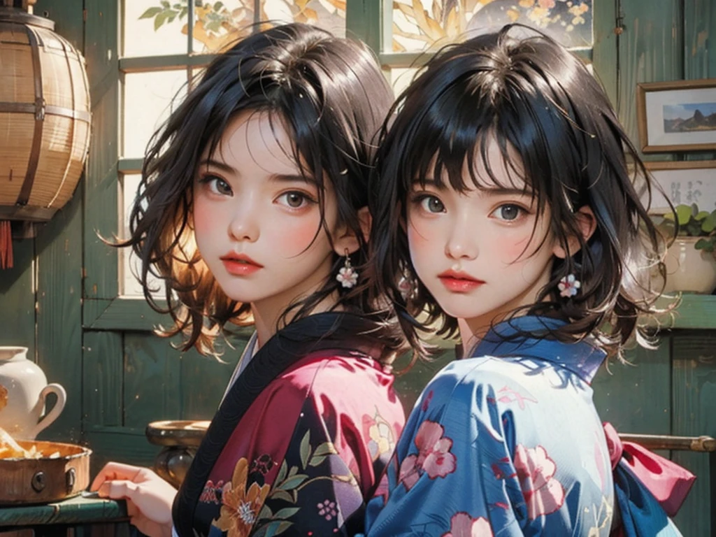 (highest quality、8k、32k、masterpiece)、(masterpiece, up to date,Exceptional:1.2), Anime, One girl,Front hair,black_hair, Beautiful 8k eyes,Looking_in_Audience,One person in,Are standing,((Very beautiful woman, Fuller lips, Japanese pintern kimono))、((Colorful Japanese kimono)))、(((Medium Shot)))、Blunt bung、(High resolution)、Very beautiful face and eyes、1 girl 、Round and small face、Narrow waist、delicine body、(highest quality high detail Rich skin details)、(highest quality、8k、Oil paints:1.2)、Very detailed、(Realistic、Realistic:1.37)、Bright colors、(((blackhair)))、(((longhair)))、(((cowboy pictures)))、((( Inside an old Japanese house)))、(masterpiece, highest quality, highest quality, Official Art, beautifully、aesthetic:1.2), (One girl), Very detailedな,(Fractal Art:1.3),colorful,Most detailed,Sengoku period(High resolution)、Very beautiful face and eyes、1 girl 、Round and small face、Tight waist、Delicine body、(highest quality high detail Rich skin details)、(highest quality、8k、Oil paints:1.2)、(Realistic、Realistic:1.37)、Greg Rutkowski Written by Alphonse Mucha Ropp, sun lips