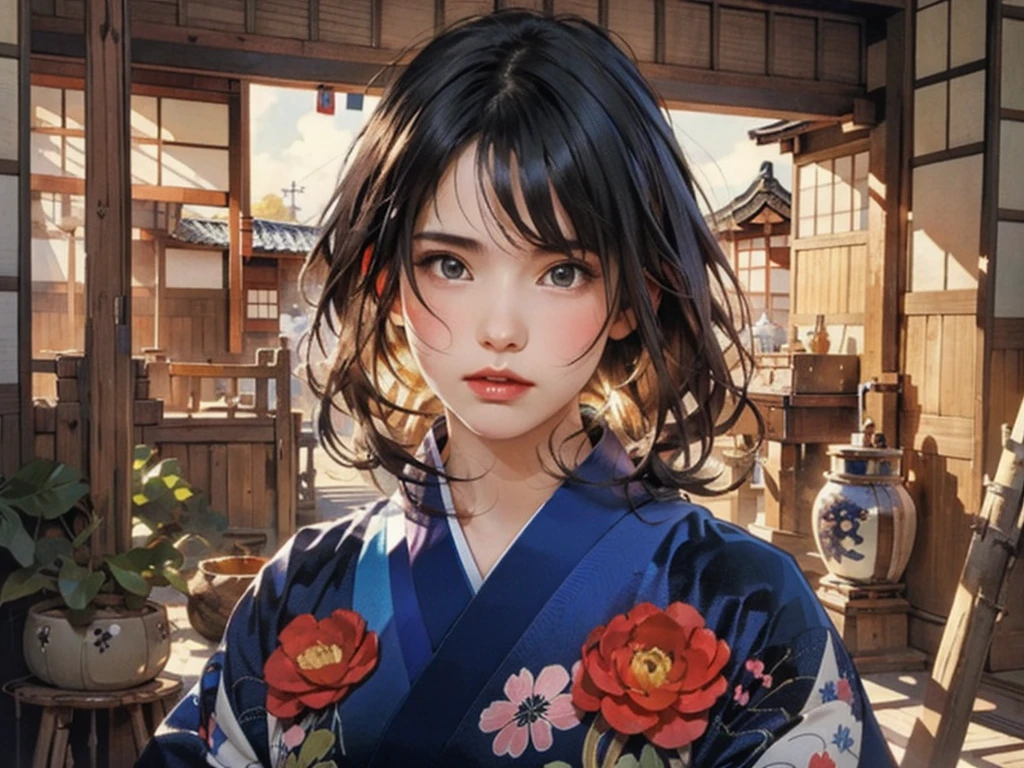 (highest quality、8k、32k、masterpiece)、(masterpiece, up to date,Exceptional:1.2), Anime, One girl,Front hair,black_hair, Beautiful 8k eyes,Looking_in_Audience,One person in,Are standing,((Very beautiful woman, Fuller lips, Japanese pintern kimono))、((Colorful Japanese kimono)))、(((Medium Shot)))、Blunt bung、(High resolution)、Very beautiful face and eyes、1 girl 、Round and small face、Narrow waist、delicine body、(highest quality high detail Rich skin details)、(highest quality、8k、Oil paints:1.2)、Very detailed、(Realistic、Realistic:1.37)、Bright colors、(((blackhair)))、(((longhair)))、(((cowboy pictures)))、((( Inside an old Japanese house)))、(masterpiece, highest quality, highest quality, Official Art, beautifully、aesthetic:1.2), (One girl), Very detailedな,(Fractal Art:1.3),colorful,Most detailed,Sengoku period(High resolution)、Very beautiful face and eyes、1 girl 、Round and small face、Tight waist、Delicine body、(highest quality high detail Rich skin details)、(highest quality、8k、Oil paints:1.2)、(Realistic、Realistic:1.37)、Greg Rutkowski Written by Alphonse Mucha Ropp, sun lips