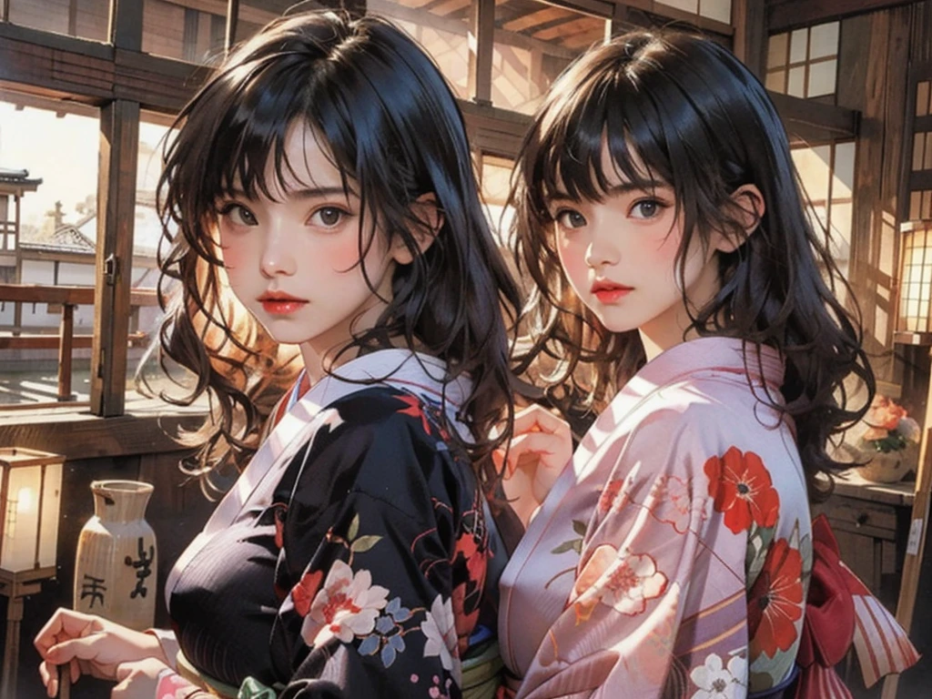 (highest quality、8k、32k、masterpiece)、(masterpiece, up to date,Exceptional:1.2), Anime, One girl,Front hair,black_hair, Beautiful 8k eyes,Looking_in_Audience,One person in,Are standing,((Very beautiful woman, Fuller lips, Japanese pintern kimono))、((Colorful Japanese kimono)))、(((Medium Shot)))、Blunt bung、(High resolution)、Very beautiful face and eyes、1 girl 、Round and small face、Narrow waist、delicine body、(highest quality high detail Rich skin details)、(highest quality、8k、Oil paints:1.2)、Very detailed、(Realistic、Realistic:1.37)、Bright colors、(((blackhair)))、(((longhair)))、(((cowboy pictures)))、((( Inside an old Japanese house)))、(masterpiece, highest quality, highest quality, Official Art, beautifully、aesthetic:1.2), (One girl), Very detailedな,(Fractal Art:1.3),colorful,Most detailed,Sengoku period(High resolution)、Very beautiful face and eyes、1 girl 、Round and small face、Tight waist、Delicine body、(highest quality high detail Rich skin details)、(highest quality、8k、Oil paints:1.2)、(Realistic、Realistic:1.37)、Greg Rutkowski Written by Alphonse Mucha Ropp, sun lips