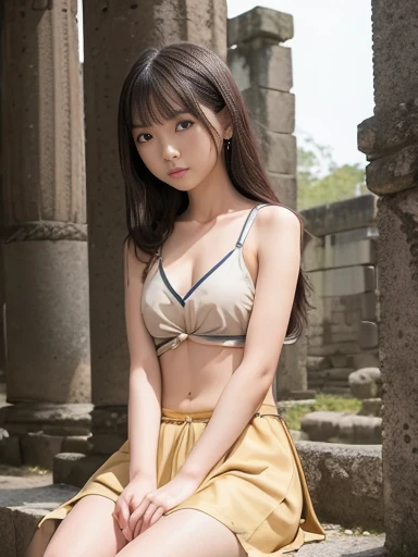 Japanese female, (underweight), (flat chest best quality:1.5),
ancient ruins, sitting, wavy hair, (ancient costumes), wide shot, ground-level shot