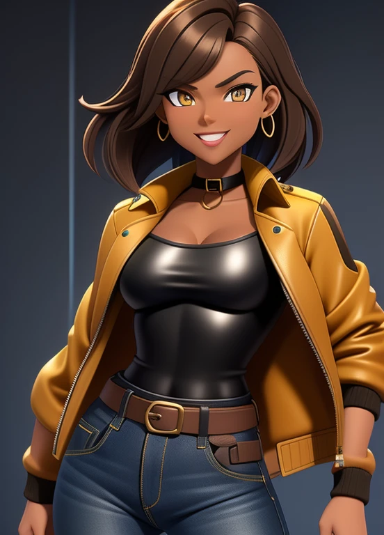 high quality, extremely detailed, perfect face, 1girl, solo, 26 years old, tomboy, (shiny skin), midriff, (tan-bronze skin), (Yellow colored irises), short brown hair, medium breasts, (Cleavage), (Wearing: blue jacket, choker, Strapless black top, Belt, Black leather pants), tight fitting clothing, piercings, toned, hourglass figure, athletic, snarky expression, wide smile, at rave, nightclub,
