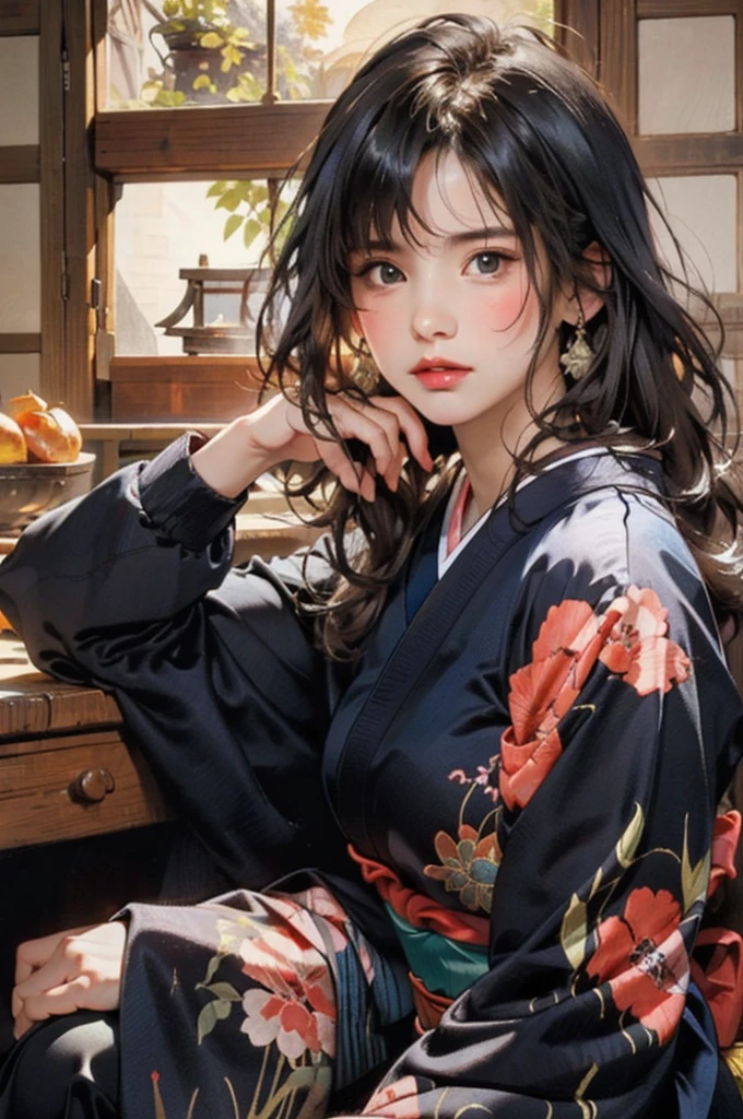 (highest quality、8k、32k、masterpiece)、(masterpiece, up to date,Exceptional:1.2), Anime, One girl,Front hair,black_hair, Beautiful 8k eyes,Looking_in_Audience,One person in,Are standing,((Very beautiful woman, Fuller lips, Japanese pintern kimono))、((Colorful Japanese kimono)))、(((Medium Shot)))、Blunt bung、(High resolution)、Very beautiful face and eyes、1 girl 、Round and small face、Narrow waist、delicine body、(highest quality high detail Rich skin details)、(highest quality、8k、Oil paints:1.2)、Very detailed、(Realistic、Realistic:1.37)、Bright colors、(((blackhair)))、(((longhair)))、(((cowboy pictures)))、((( Inside an old Japanese house)))、(masterpiece, highest quality, highest quality, Official Art, beautifully、aesthetic:1.2), (One girl), Very detailedな,(Fractal Art:1.3),colorful,Most detailed,Sengoku period(High resolution)、Very beautiful face and eyes、1 girl 、Round and small face、Tight waist、Delicine body、(highest quality high detail Rich skin details)、(highest quality、8k、Oil paints:1.2)、(Realistic、Realistic:1.37)、Greg Rutkowski Written by Alphonse Mucha Ropp, sun lips