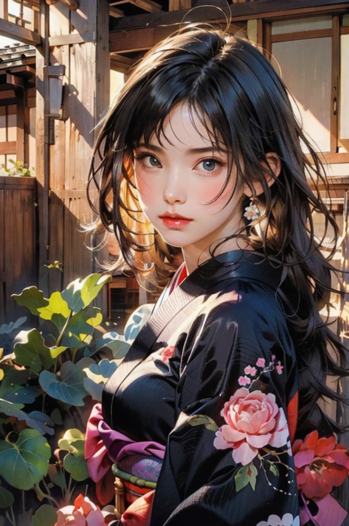 (highest quality、8k、32k、masterpiece)、(masterpiece, up to date,Exceptional:1.2), Anime, One girl,Front hair,black_hair, Beautiful 8k eyes,Looking_in_Audience,One person in,Are standing,((Very beautiful woman, Fuller lips, Japanese pintern kimono))、((Colorful Japanese kimono)))、(((Medium Shot)))、Blunt bung、(High resolution)、Very beautiful face and eyes、1 girl 、Round and small face、Narrow waist、delicine body、(highest quality high detail Rich skin details)、(highest quality、8k、Oil paints:1.2)、Very detailed、(Realistic、Realistic:1.37)、Bright colors、(((blackhair)))、(((longhair)))、(((cowboy pictures)))、((( Inside an old Japanese house)))、(masterpiece, highest quality, highest quality, Official Art, beautifully、aesthetic:1.2), (One girl), Very detailedな,(Fractal Art:1.3),colorful,Most detailed,Sengoku period(High resolution)、Very beautiful face and eyes、1 girl 、Round and small face、Tight waist、Delicine body、(highest quality high detail Rich skin details)、(highest quality、8k、Oil paints:1.2)、(Realistic、Realistic:1.37)、Greg Rutkowski Written by Alphonse Mucha Ropp, sun lips