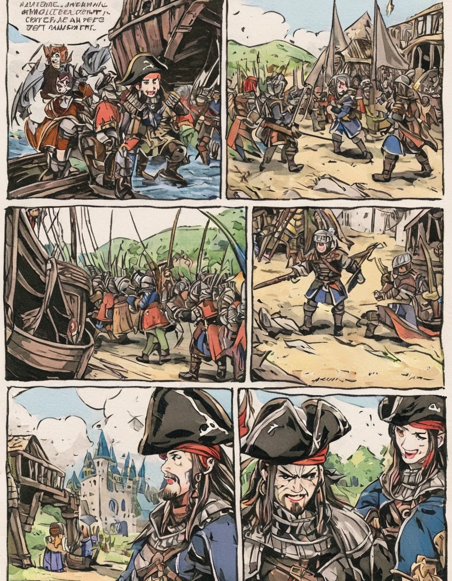 Medieval European fantasy, pirate war, poorly drawn but cute art, vintage comic book, EdobHorrorLandscape