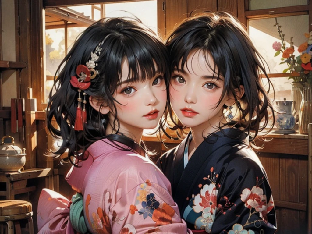 (highest quality、8k、32k、masterpiece)、(masterpiece, up to date,Exceptional:1.2), Anime, One girl,Front hair,black_hair, Beautiful 8k eyes,Looking_in_Audience,One person in,Are standing,((Very beautiful woman, Fuller lips, Japanese pintern kimono))、((Colorful Japanese kimono)))、(((Medium Shot)))、Blunt bung、(High resolution)、Very beautiful face and eyes、1 girl 、Round and small face、Narrow waist、delicine body、(highest quality high detail Rich skin details)、(highest quality、8k、Oil paints:1.2)、Very detailed、(Realistic、Realistic:1.37)、Bright colors、(((blackhair)))、(((longhair)))、(((cowboy pictures)))、((( Inside an old Japanese house)))、(masterpiece, highest quality, highest quality, Official Art, beautifully、aesthetic:1.2), (One girl), Very detailedな,(Fractal Art:1.3),colorful,Most detailed,Sengoku period(High resolution)、Very beautiful face and eyes、1 girl 、Round and small face、Tight waist、Delicine body、(highest quality high detail Rich skin details)、(highest quality、8k、Oil paints:1.2)、(Realistic、Realistic:1.37)、Greg Rutkowski Written by Alphonse Mucha Ropp, sun lips