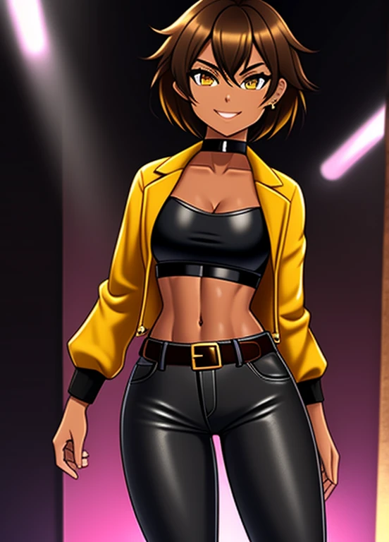 high quality, extremely detailed, perfect face, 1girl, solo, 26 years old, tomboy, (shiny skin), midriff, (tan-bronze skin), (Yellow colored irises), short brown hair, medium breasts, (Cleavage), (Wearing: blue jacket, choker, Strapless black top, Belt, Black leather pants), tight fitting clothing, piercings, toned, hourglass figure, athletic, snarky expression, wide smile, at rave, nightclub,
