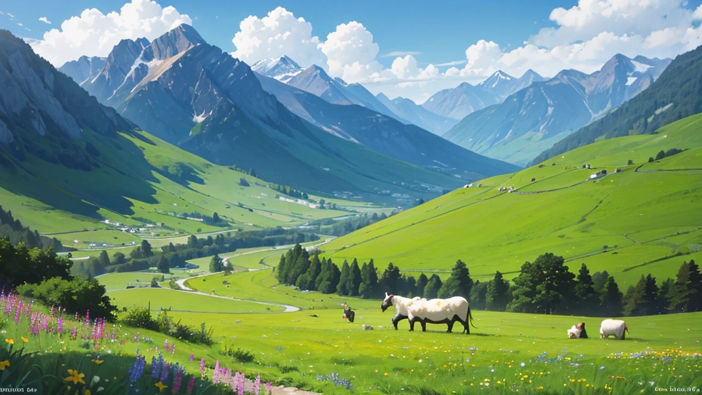 A green valley with colorful wildflowers, a quiet pasture and a herd of sheep or cows. A clear mountain stream flows through the valley.