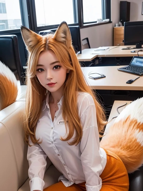 ((Highest quality, 32K)), ((masterpiece)), (Familiar), Perfect Face, Fox Girl, pretty girl, Company Office, Has a tail, She has a fox's tail, She stands up her fluffy tail, Beautiful hip line, Thick thighs, Fur collar, A large tail sticks out, On all fours, Shyly staring at his tail, She only has one tail