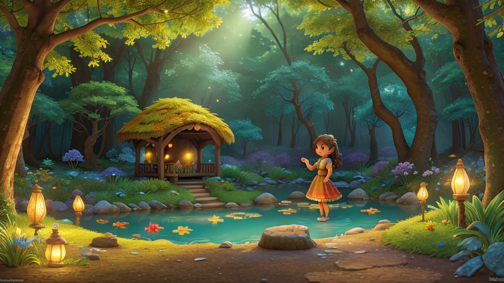 1 girl brown hair and dress, surrounded by an enchanting scene in a magical forest . ilustrativo de Disney, (Best Quality, 4k, 8k,High resolution,masterpiece:1.2) Bright flower background., enchanted atmosphere, colors, fantasy elements, Sun rays, gentle breeze. Great composition with great detail and colors, detailed small animals, detailed colorful flowers, Retailer, Disney. Light turquoise streams, small rivers, Autumn colors,fairy goddess,Bright blue spell,fantasy colors,enchanted tree,sparkling fog,Magical creatures,ethereal atmosphere,mystical atmosphere,Magic in the air,Stunning forest floors,magic light,sparkly fairy dust,rustling leaves,lush vegetation,fairy wings,glowing mushrooms,magic flowers,translucent petals,floating lanterns,Firebugs brillantes,A serene pond,Majestic waterfall,mythological creatures,harmonious melody,The golden light of the sun shines through the canopy,Charming moss covered stones,colorful leaves,dream landscape,magical aura,serenity and calm,capricious imagination,dancing shadows, details on face, smiling, happy, large eyes, Whole body, detailed body