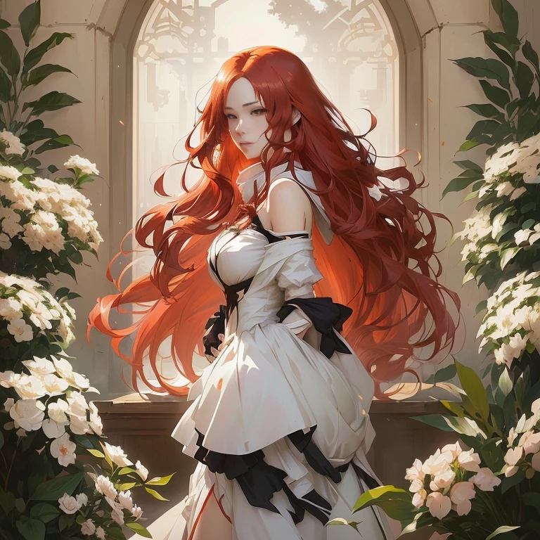 anime - style illustration of a woman with long red hair and a white dress, cushart krenz key art feminine, guweiz on pixiv artstation, anime key visual of elegant, guweiz on artstation pixiv, guweiz masterpiece, maiden with copper hair, red haired goddess, anime girl with long hair, detailed key anime art