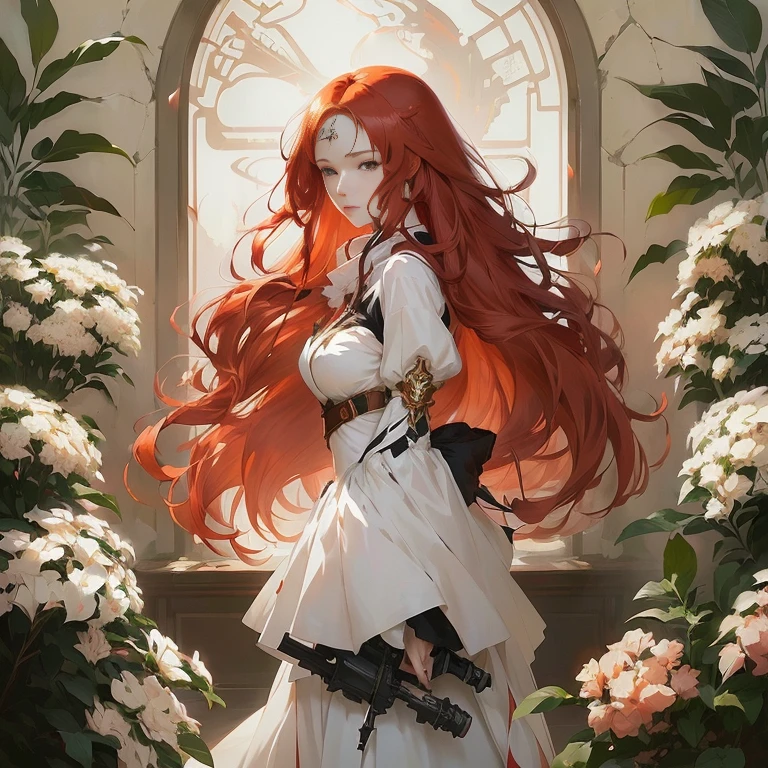anime - style illustration of a woman with long red hair and a white dress, cushart krenz key art feminine, guweiz on pixiv artstation, anime key visual of elegant, guweiz on artstation pixiv, guweiz masterpiece, maiden with copper hair, red haired goddess, anime girl with long hair, detailed key anime art