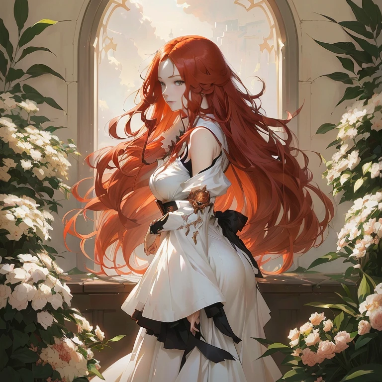 anime - style illustration of a woman with long red hair and a white dress, cushart krenz key art feminine, guweiz on pixiv artstation, anime key visual of elegant, guweiz on artstation pixiv, guweiz masterpiece, maiden with copper hair, red haired goddess, anime girl with long hair, detailed key anime art
