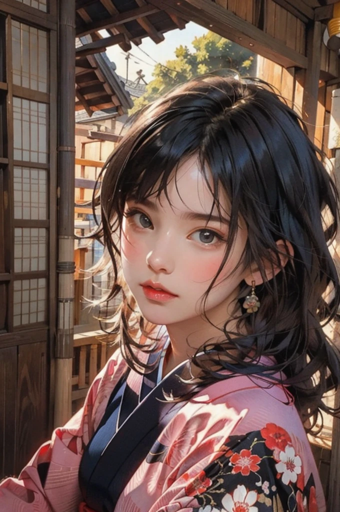 (highest quality、8k、32k、masterpiece)、(masterpiece, up to date,Exceptional:1.2), Anime, One girl,Front hair,black_hair, Beautiful 8k eyes,Looking_in_Audience,One person in,Are standing,((Very beautiful woman, Fuller lips, Japanese pintern kimono))、((Colorful Japanese kimono)))、(((Medium Shot)))、Blunt bung、(High resolution)、Very beautiful face and eyes、1 girl 、Round and small face、Narrow waist、delicine body、(highest quality high detail Rich skin details)、(highest quality、8k、Oil paints:1.2)、Very detailed、(Realistic、Realistic:1.37)、Bright colors、(((blackhair)))、(((longhair)))、(((cowboy pictures)))、((( Inside an old Japanese house)))、(masterpiece, highest quality, highest quality, Official Art, beautifully、aesthetic:1.2), (One girl), Very detailedな,(Fractal Art:1.3),colorful,Most detailed,Sengoku period(High resolution)、Very beautiful face and eyes、1 girl 、Round and small face、Tight waist、Delicine body、(highest quality high detail Rich skin details)、(highest quality、8k、Oil paints:1.2)、(Realistic、Realistic:1.37)、Greg Rutkowski Written by Alphonse Mucha Ropp, sun lips