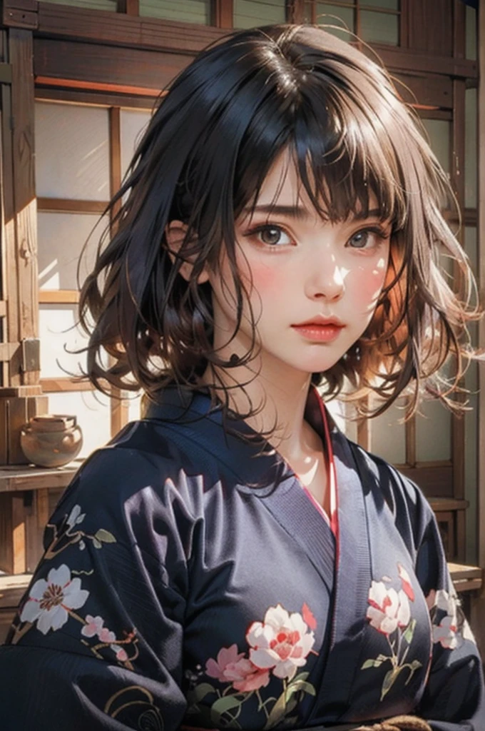 (highest quality、8k、32k、masterpiece)、(masterpiece, up to date,Exceptional:1.2), Anime, One girl,Front hair,black_hair, Beautiful 8k eyes,Looking_in_Audience,One person in,Are standing,((Very beautiful woman, Fuller lips, Japanese pintern kimono))、((Colorful Japanese kimono)))、(((Medium Shot)))、Blunt bung、(High resolution)、Very beautiful face and eyes、1 girl 、Round and small face、Narrow waist、delicine body、(highest quality high detail Rich skin details)、(highest quality、8k、Oil paints:1.2)、Very detailed、(Realistic、Realistic:1.37)、Bright colors、(((blackhair)))、(((longhair)))、(((cowboy pictures)))、((( Inside an old Japanese house)))、(masterpiece, highest quality, highest quality, Official Art, beautifully、aesthetic:1.2), (One girl), Very detailedな,(Fractal Art:1.3),colorful,Most detailed,Sengoku period(High resolution)、Very beautiful face and eyes、1 girl 、Round and small face、Tight waist、Delicine body、(highest quality high detail Rich skin details)、(highest quality、8k、Oil paints:1.2)、(Realistic、Realistic:1.37)、Greg Rutkowski Written by Alphonse Mucha Ropp, sun lips